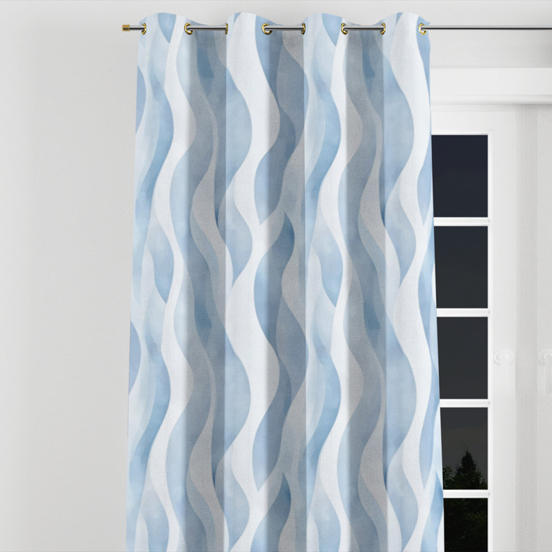 Modern Curtains for bedroom - Abstract Wavy Line Silver Blue Grommet Curtain - 1 Panel, Gold Grommets, 52" W x 120" L