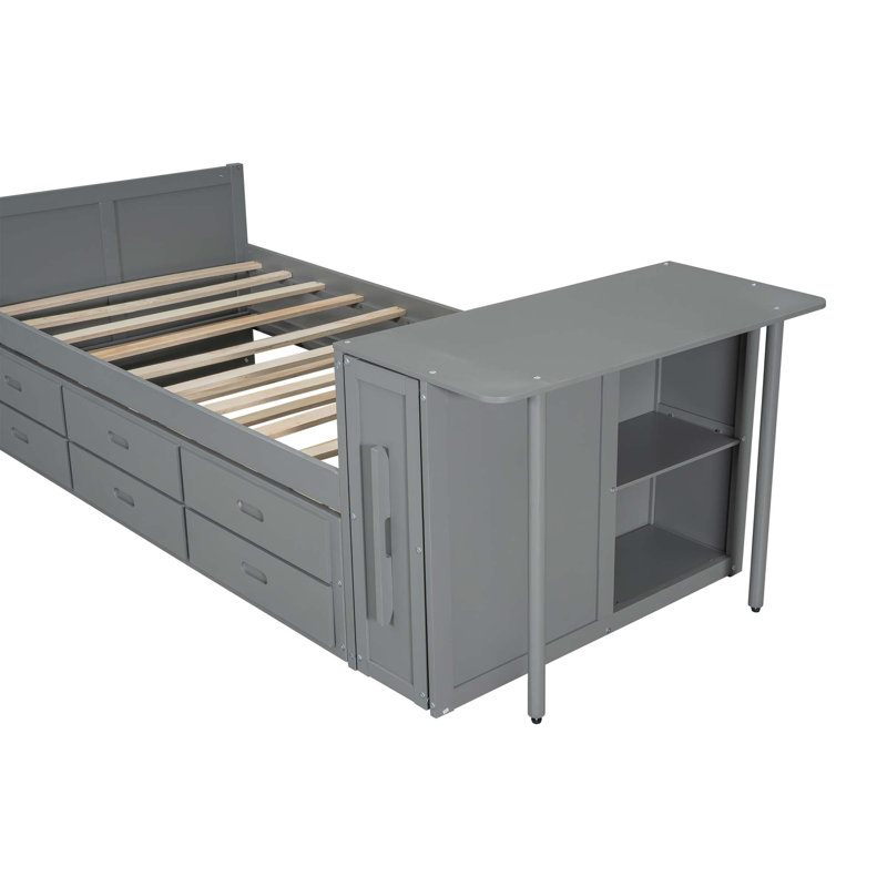 Lit plateforme simple en bois multifonctionnel avec bureau et tablette de rangement au bout du lit, lit gigogne intégré et 3 tiroirs