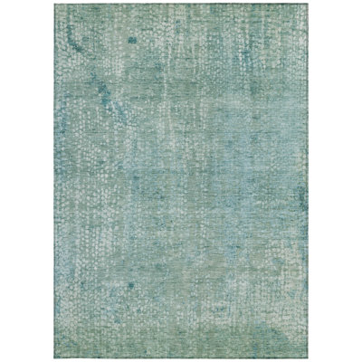 9' X 12' Teal Blue And Ivory Abstract Washable Indoor Outdoor Area Rug