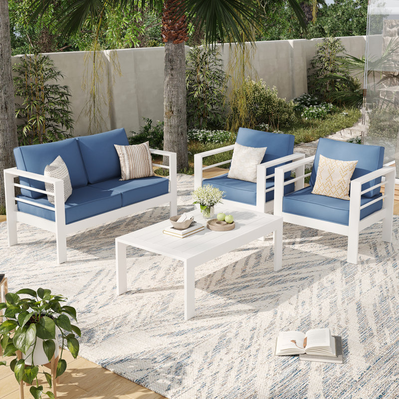 4 - Person Patio Conversation Set with Cushions, Dark Blue, White