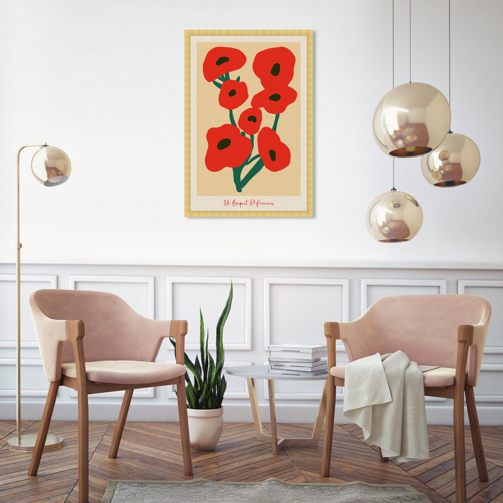 Modern Red Flower Bouquet Print, Gold, 32" H x 22" W