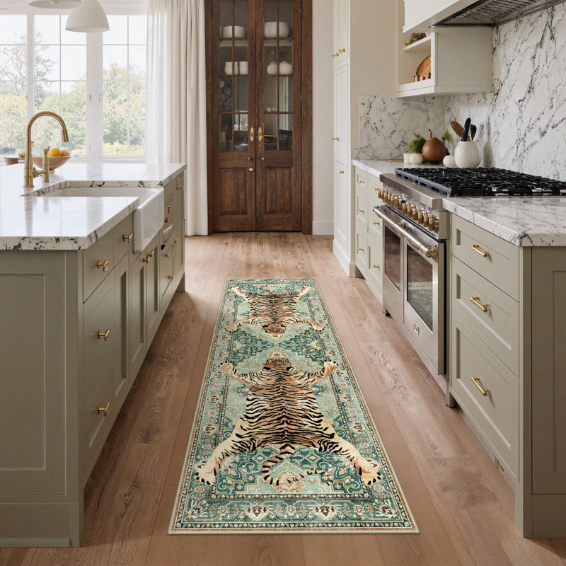 Veatrice Zephyr Modern Tiger Print Turquoise Machine Washable Non-Slip Area Rug, Runner 2'3" x 6'