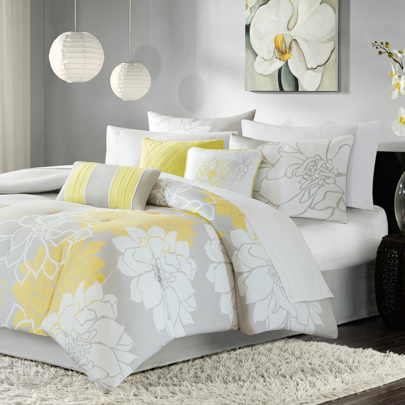 Ensemble de couette Lola Floral en coton 7 pièces pour lit queen, Édredon de grande taille et 6 pièces supplément, Jaune/gris