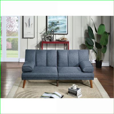 Sofas Couches: Contemporary Navy Blue Convertible Chaise Bed with Solid Wood Legs for Living Room | Navy | Plywood