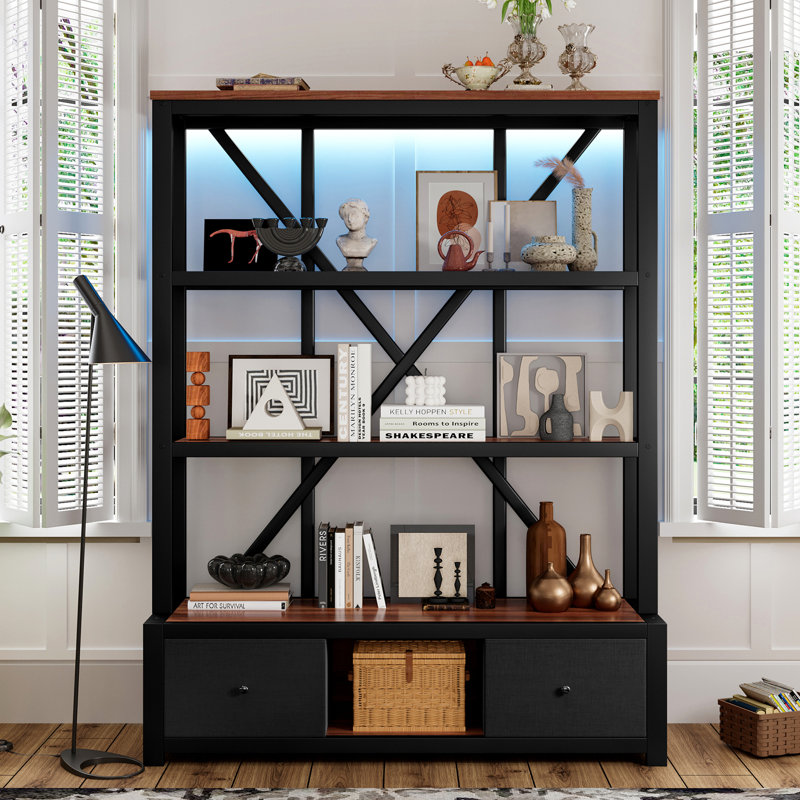 3-Shelf Metal Bookcase With Drawers, Open Bookcase, Vintage Industrial Style Bookcase With LED, Brown
