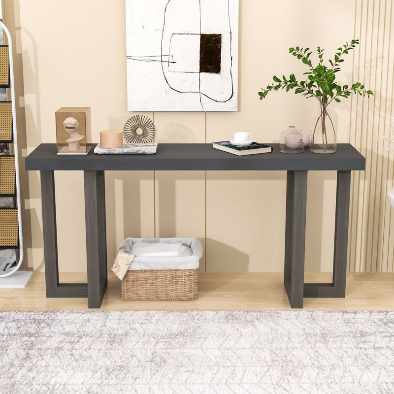 Stylish Geometric Console Table with Pine Veneer Top and Study Legs for Entryway or Living Room, Dark Gray
