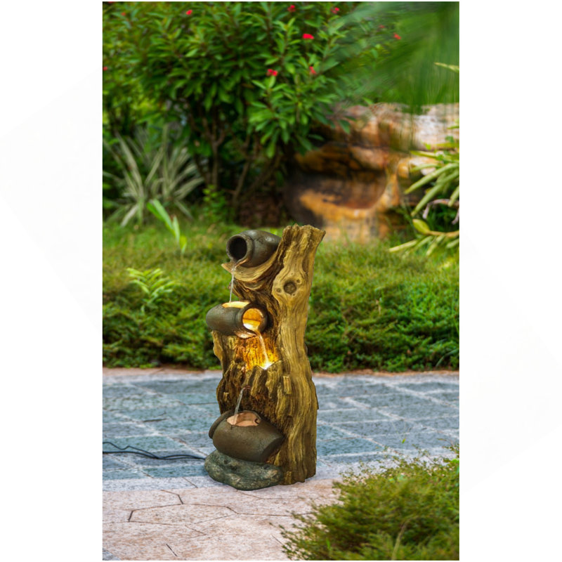 12.4X11.6X37.8" Decorative 3 Tier Tree Trunk Fountain With Lights And Pump, Brown