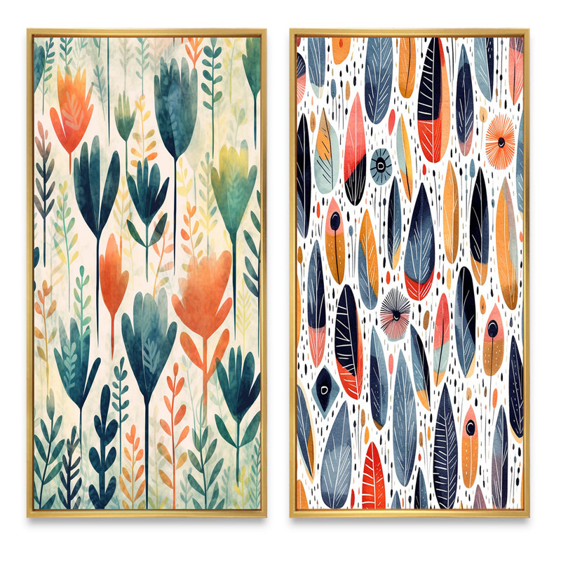 «Teal Coral Scandinave Floral Motif», 2 pièces, Encadrement doré, H 32 po x l 32 po