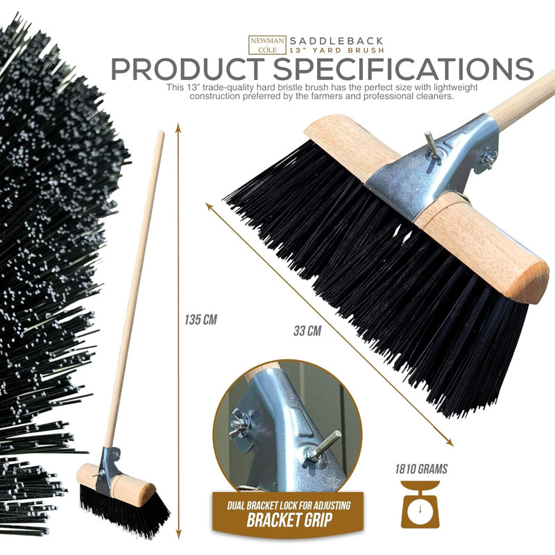 13" Stiff PVC Yard Brush Outdoor Broom with Metal Handle Clamp