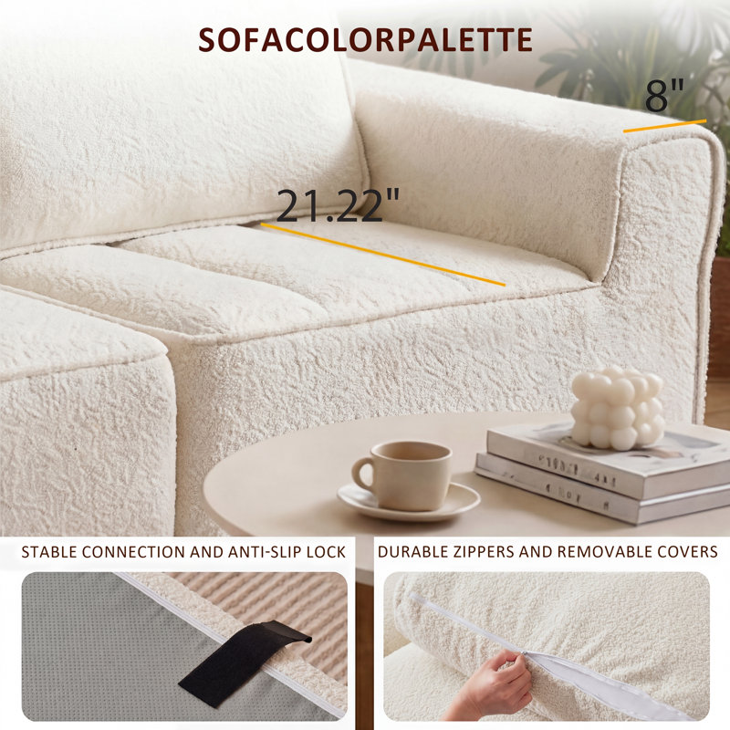 Canapé modulaire convertible de 110 po avec repose-pieds mobile, canapé en nuage moelleux en L, L-Shaped, Beige