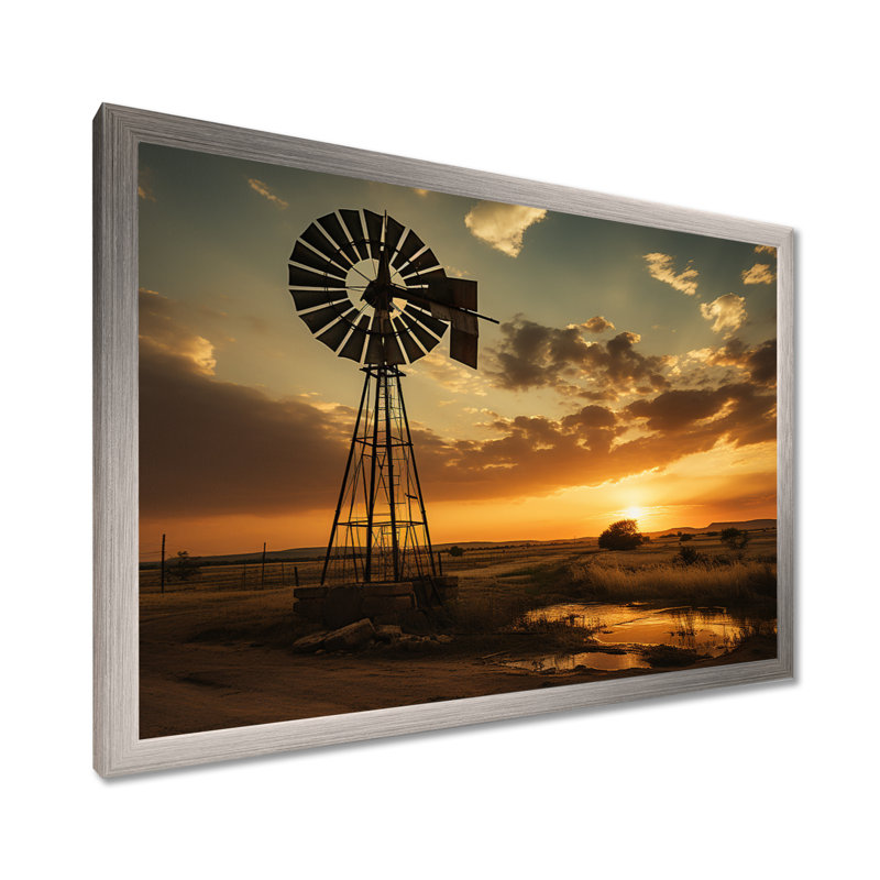 Texas Rustic Windmills Framed On Canvas Print, 16" H x 32" W x 1" D, Silver Framed