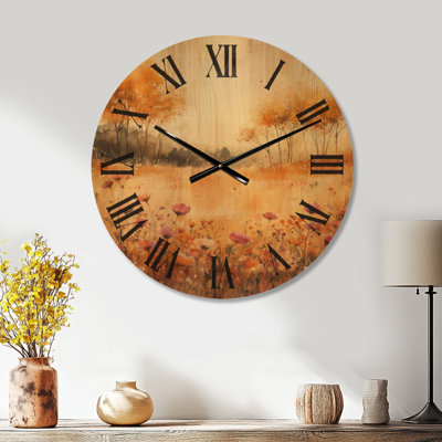 Extra Large Botanical Wall Clock – Wildflowers Meadow Horizon, Printed on Wood