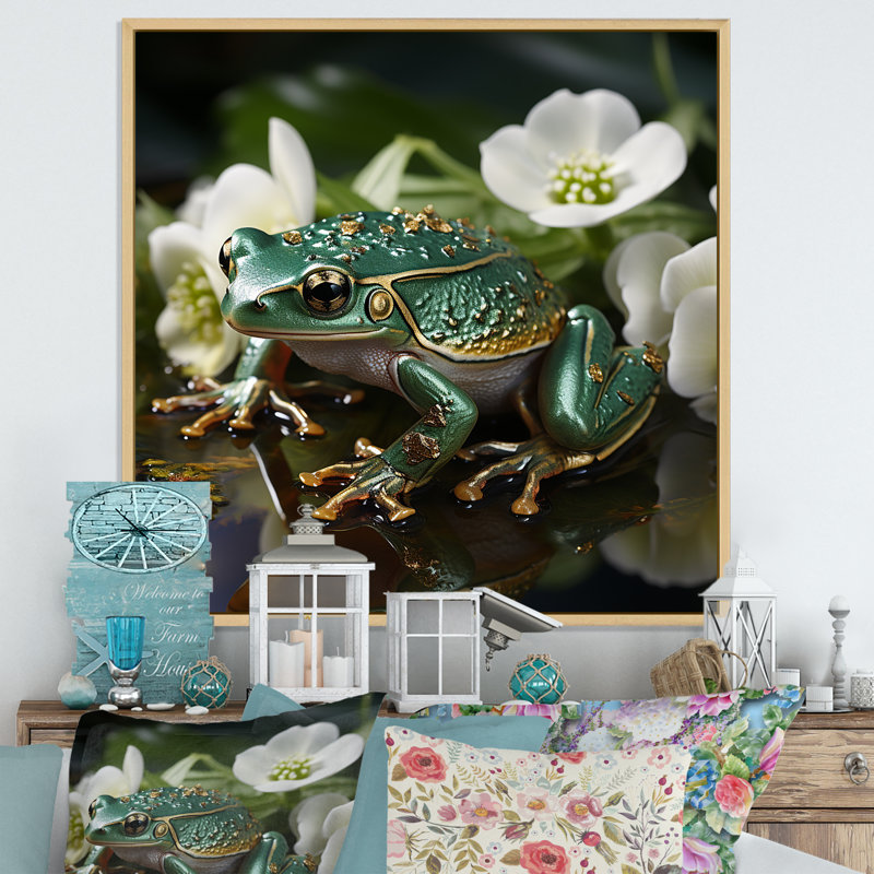 Grenouille verte sur verre, impression sur toile, Cadre naturel flottant, H 16 po x l 16 po x P 1 po