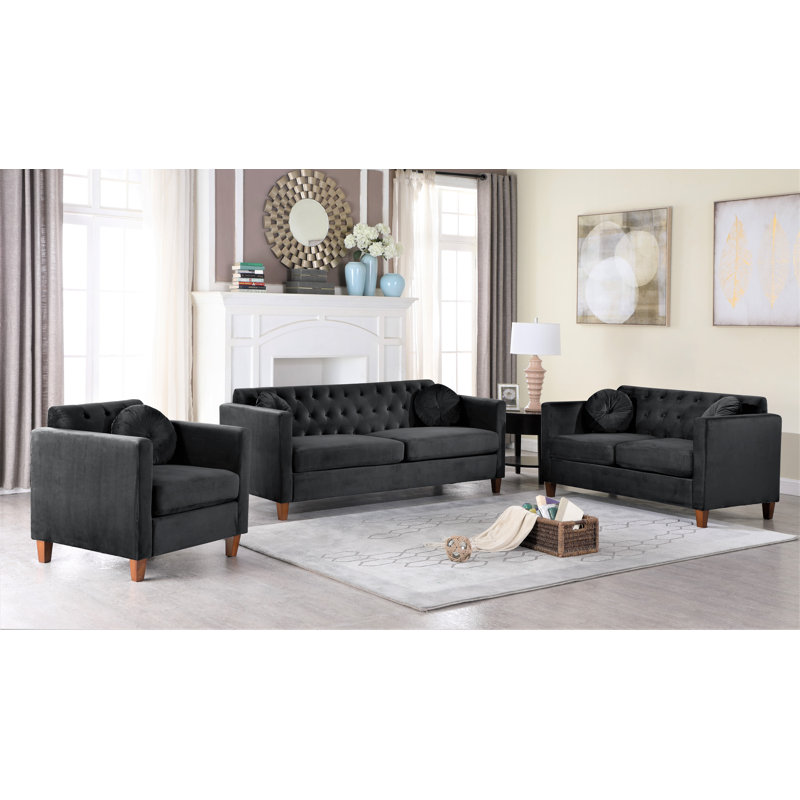 Ensemble de salon Pradfield Velvet Classic Chesterfield, Velours noir
