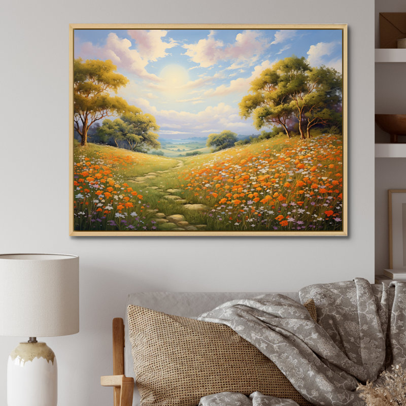 Orange, orange, fleurs blanches, horizon doré, 16" H x 32" W, Silver Picture Framed