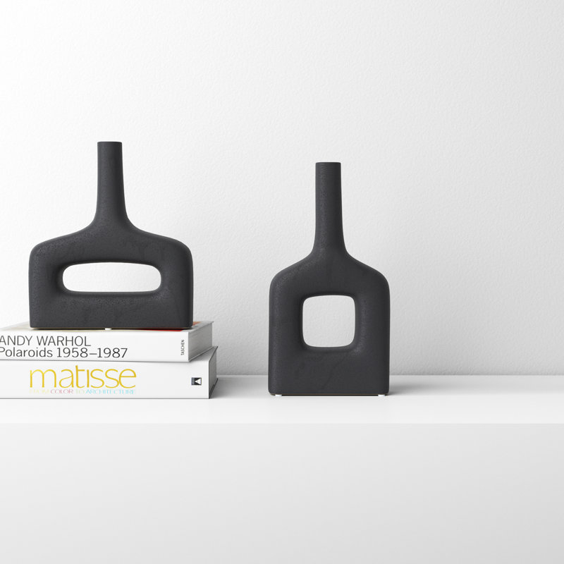 Black Ceramic Donut Shaped Decorative Vase, Set of 2, Black