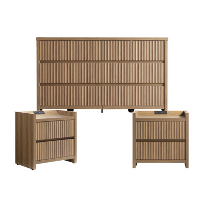 Modern Fluted 2-drawer Nightstands With Charging Station  6-drawer Dresser Set