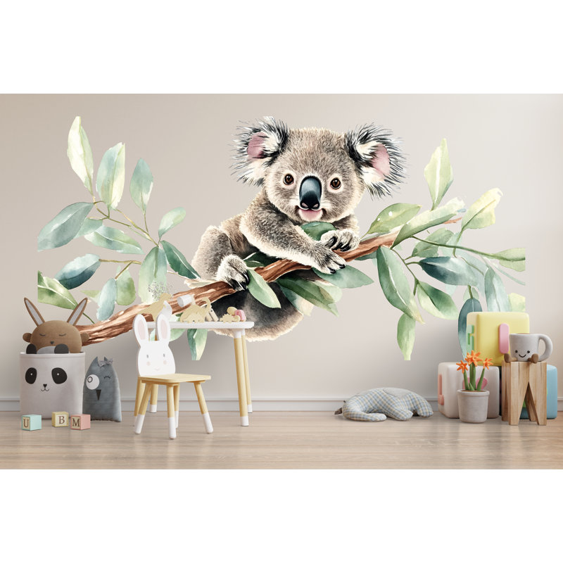 Adhésif décoratif pépinière de koala - Koala aquarelle sur une branche d'eucalyptus, art mural de chambre de bébé 048Mv