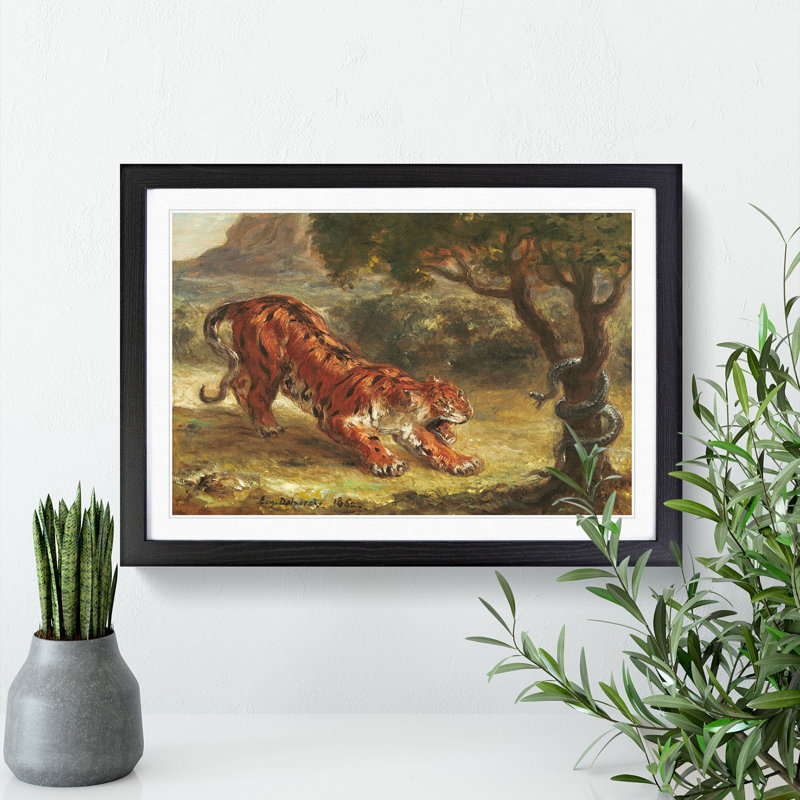Tiger and Snake by Eugene Delacroix - Picture Frame Painting, 48cm H x 65cm W x 2cm D, Black
