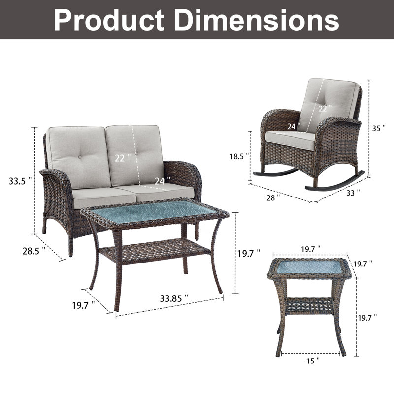 Aluel Wicker 4 - Person Patio Conversation Set with Cushions, Brown Frame/Beige Cushion