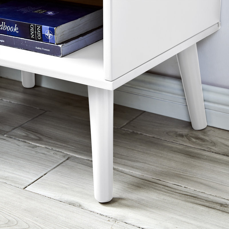 Zaina Solid Wood Bedside Table Tapered Legs 1 Drawer Modern Minimalist Design, White