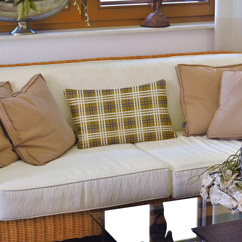 Plaid Leather/Suede Reversible Throw Pillow, Metallic Gold/Purple/White, Poly Twill