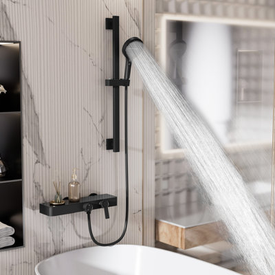 2-Function Tub Faucet Set With 3-Mode Handheld Shower, Matte Black, CUPC Certified Ceramic Valve, Waterfall Spout, Height Adjustable Slide Bar, 1.5M Hose