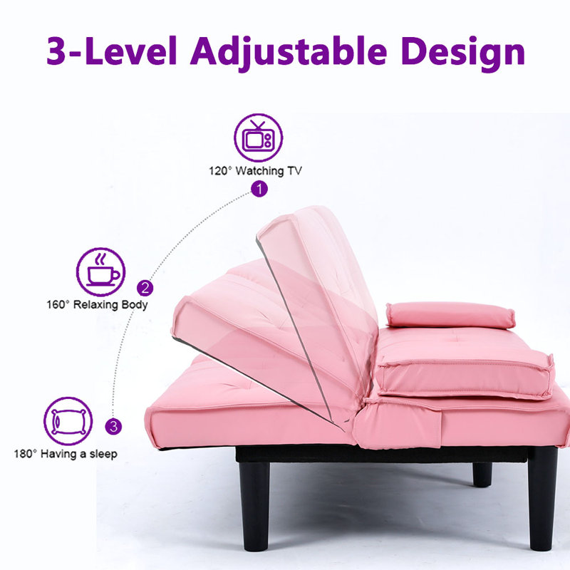 67" Faux Leather Convertible Futons-Reclining Sleeper Sofas With Console Table, Pink