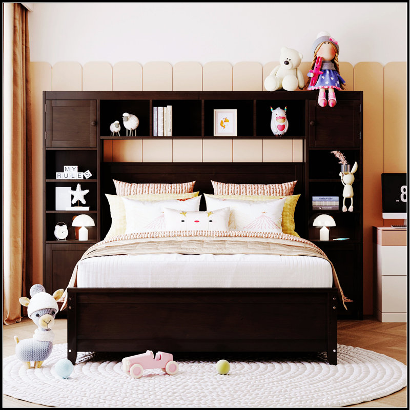Structure de lit en bois avec armoire et tiroirs tout-en-un, alliant confort, rangement et style intemporel pour les chambres modernes.