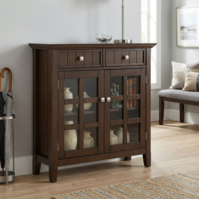 Acadian 36"W Solid Wood Transitional Entryway Storage Cabinet with Drawers, Glass Doors and Adjustable Shelves