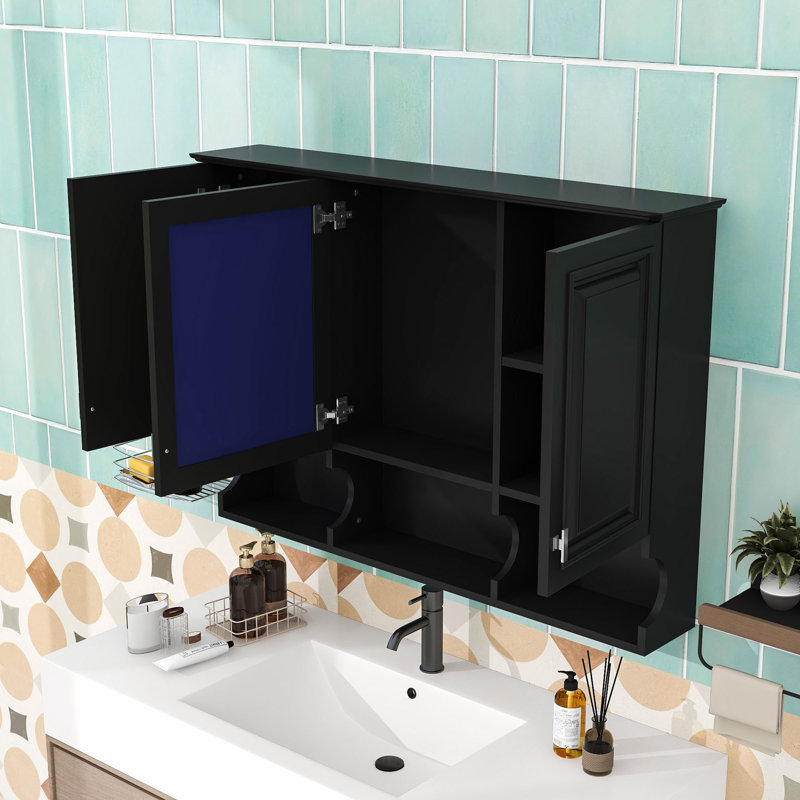 Armoire à pharmacie murale à miroir avec tablettes réglables, portes et rangement ouvert, Noir