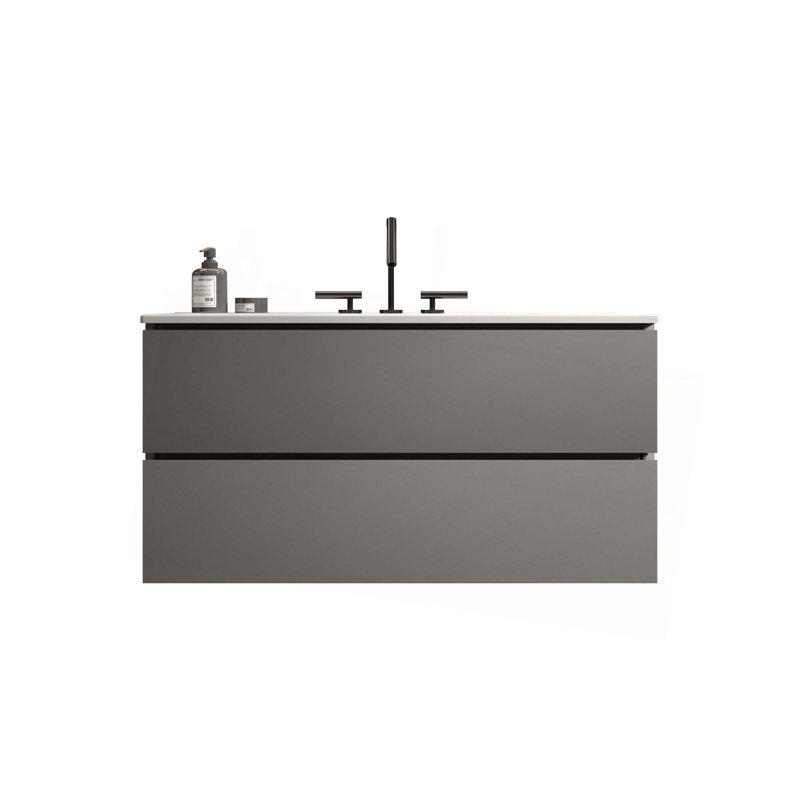 Meuble-lavabo mural en noyer avec lavabo en céramique avec trois trous de robinet, grand meuble-lavabo flottant de rangement pour salle de bain moderne, pré-assemblé