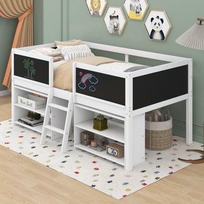 Jamylex Twin Size Low Loft Bed with Two Movable Shelves and Decorative Guardrail Chalkboard -  Harriet Bee, 61D1A773490047A695F9DA2D33E7AD7C