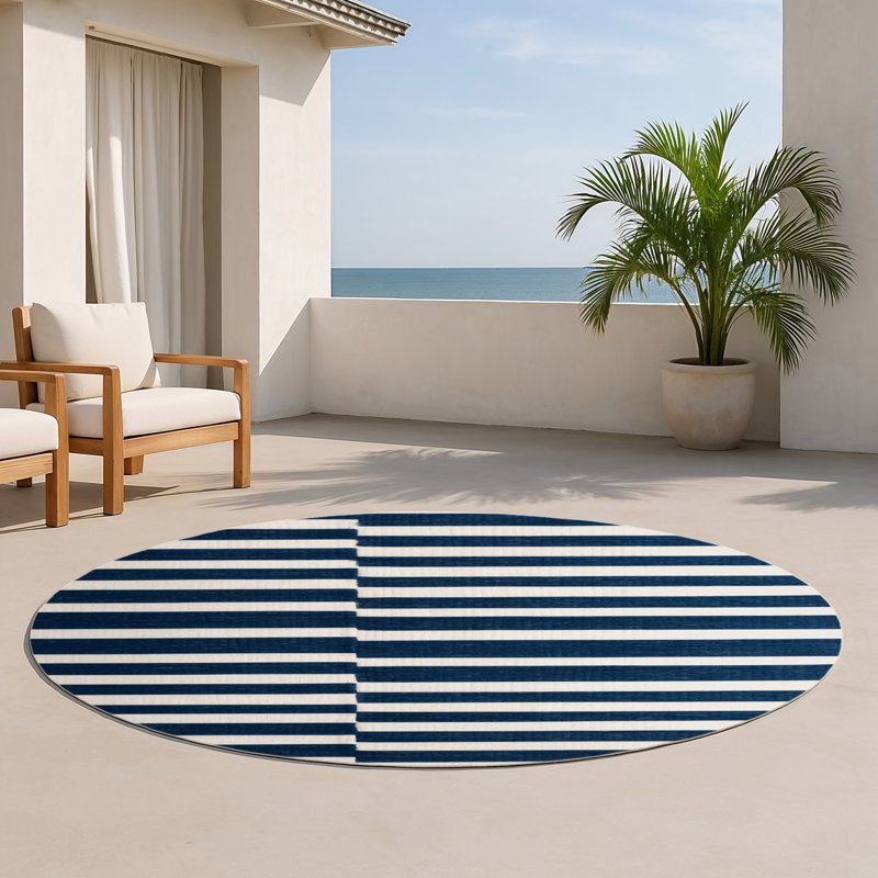 Tapis intérieur / extérieur bleu HorizontalStripes, Rond 5 pi