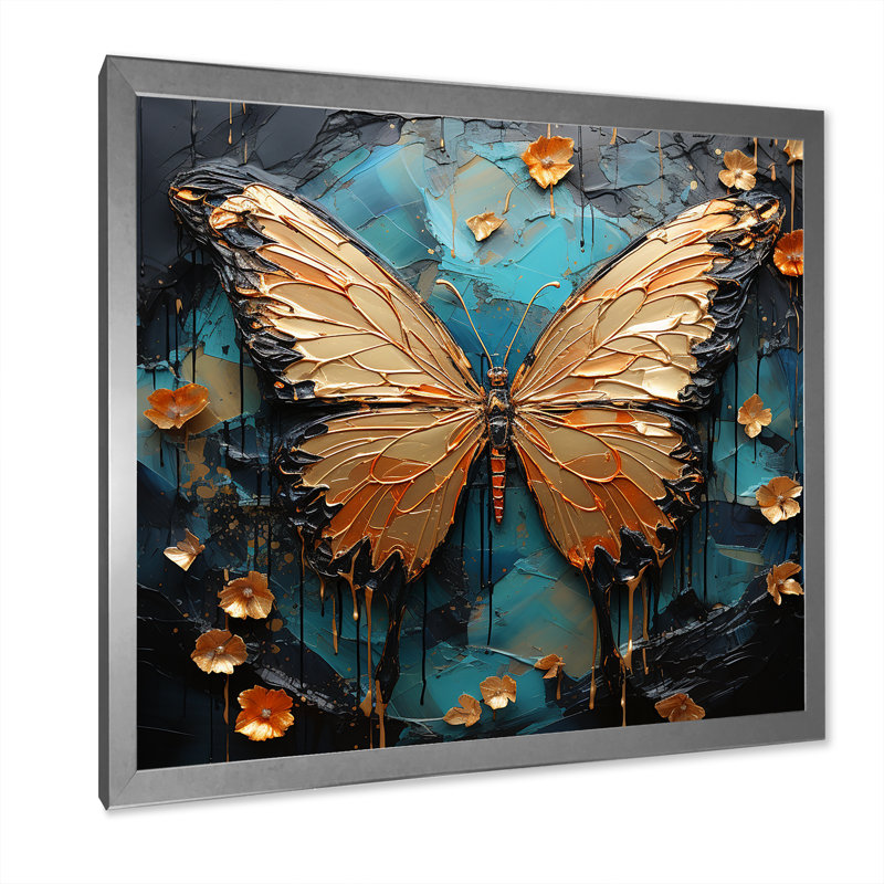 Art mural papillon doré et bleu III, H 30 po x l 30 po x P 1,5 po, Cadre simple argenté