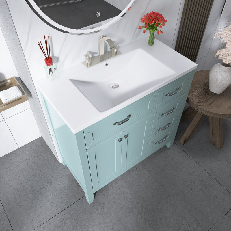 Meuble-lavabo sur pied 36 po avec lavabo en céramique, Vert / argent