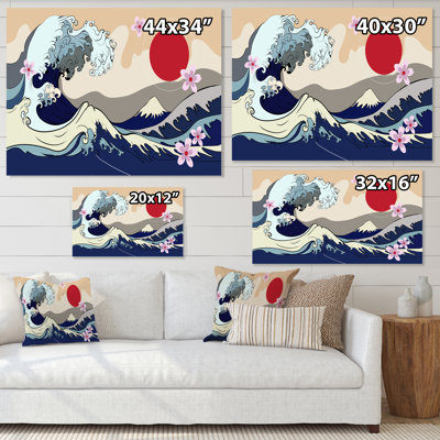 Traditional Japanese Red Moon And Waves - Traditional Canvas Wall Art Print