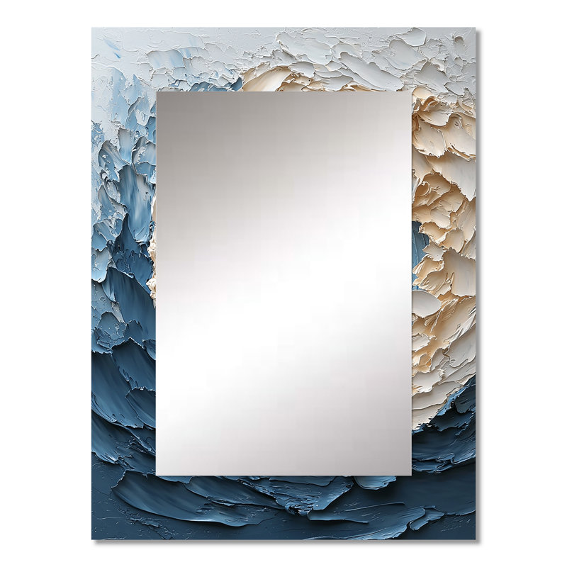 Vortex blanc océanique accentué de bleu I - miroir spirales abstraites, miroir mural décoratif blanc, impression d'art en métal