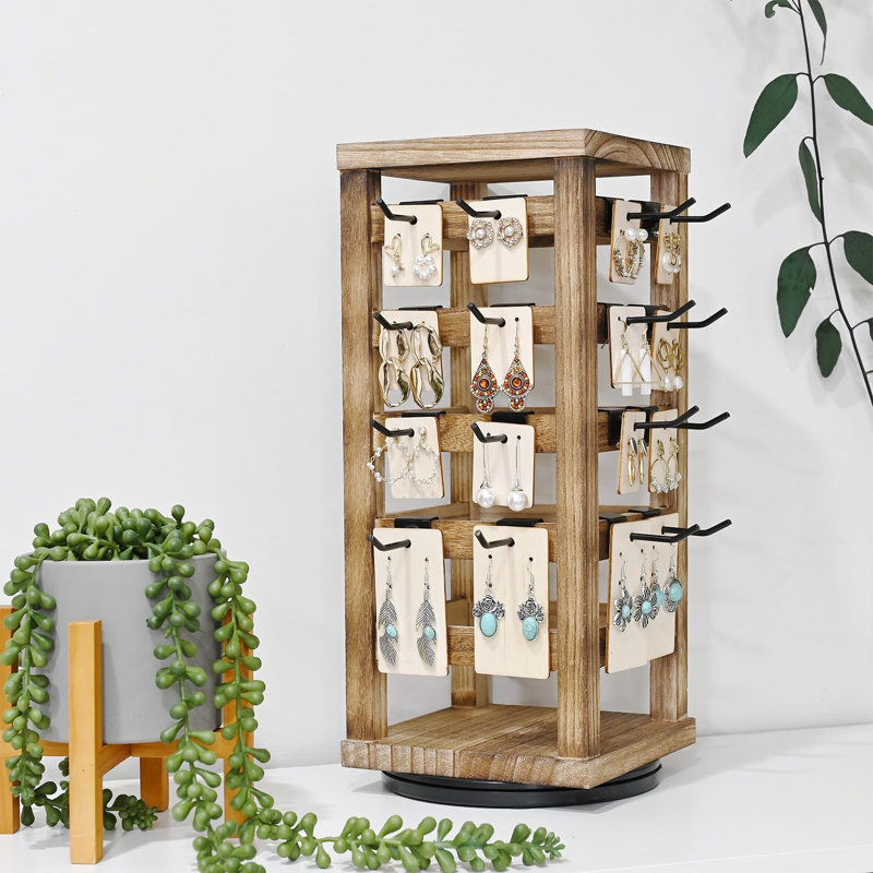 Natural Oak Rotating Jewelry Tower with Black Hooks