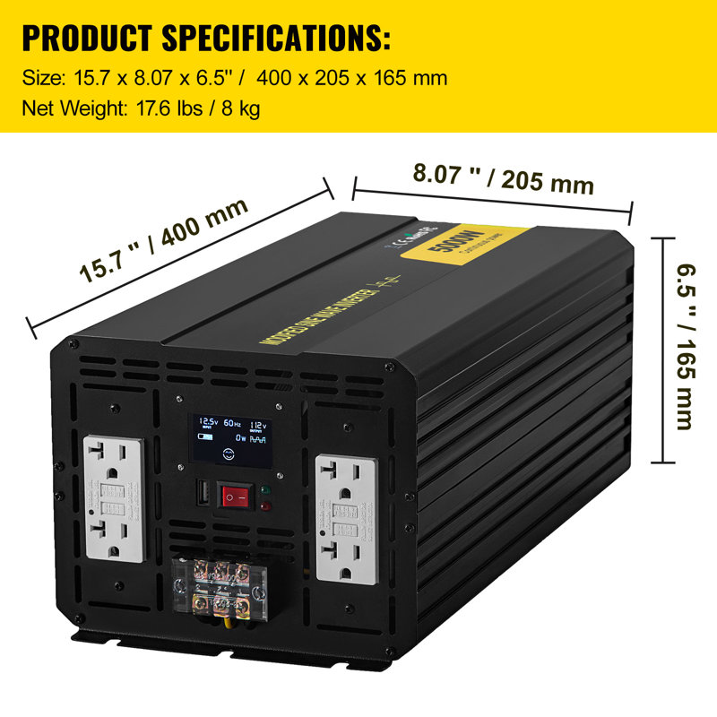 Onduleur de puissance, onduleur à onde sinusoïdale modifiée de 5000 W, courant continu de 12 V à CA