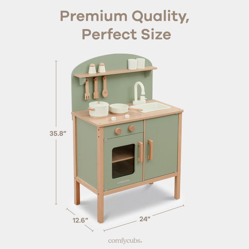 Comfy Cubs Wooden Kids Kitchen Playset - Montessori Play Kitchen for Toddlers 1-3, Sage