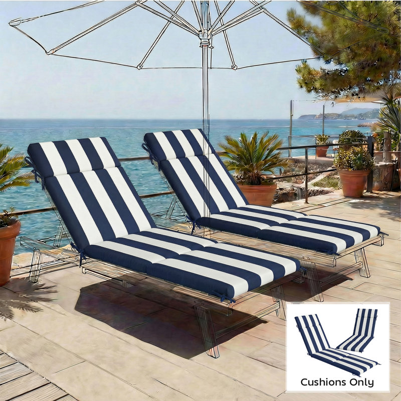 Outdoor Chaise Lounge Cushions Set of 2, Chaise Lounge Cushions with 6 Ties, High-Density Foam, 72 x 21.1 x 2.6 Inch Water-Repellent and UV-Resistant for Patio, Poolside, Dark Blue and White