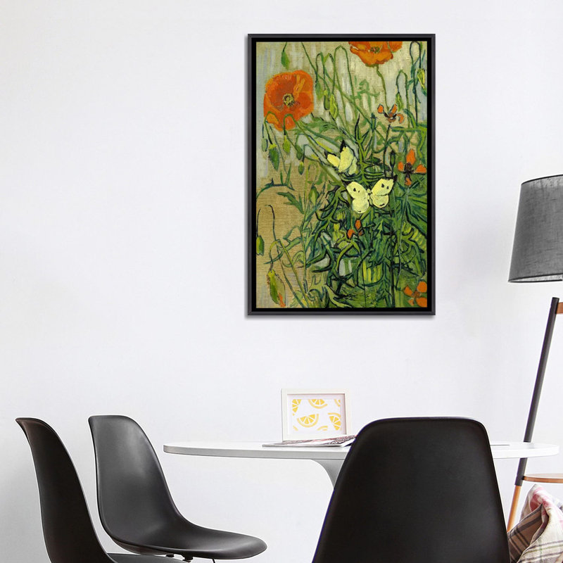 «Butterflies and Poppies» par Vincent Van Gogh - reproduction, H 48 po x l 32 po x P 1,5 po, Toile avec cadre noir patiné