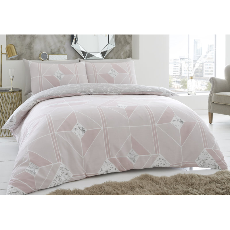 Satin Geometric Shapes Duvet Cover Set with Pillowcases, Kingsize Duvet Cover - 2 Standard Pillowcases, Grey