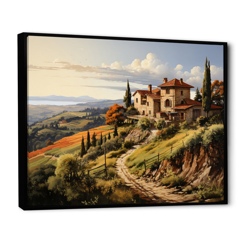 «Country Charm Tuscan Splendor», art mural campagne, H 34 po x l 44 po x P 1,5 po, Cadre flottant noir