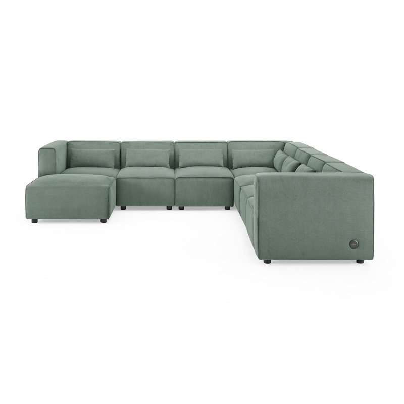 Quinterrious MINIMORE Modern Style 120" Wide Modular Corner Sectional with Ottoman and USB, Green Corduroy