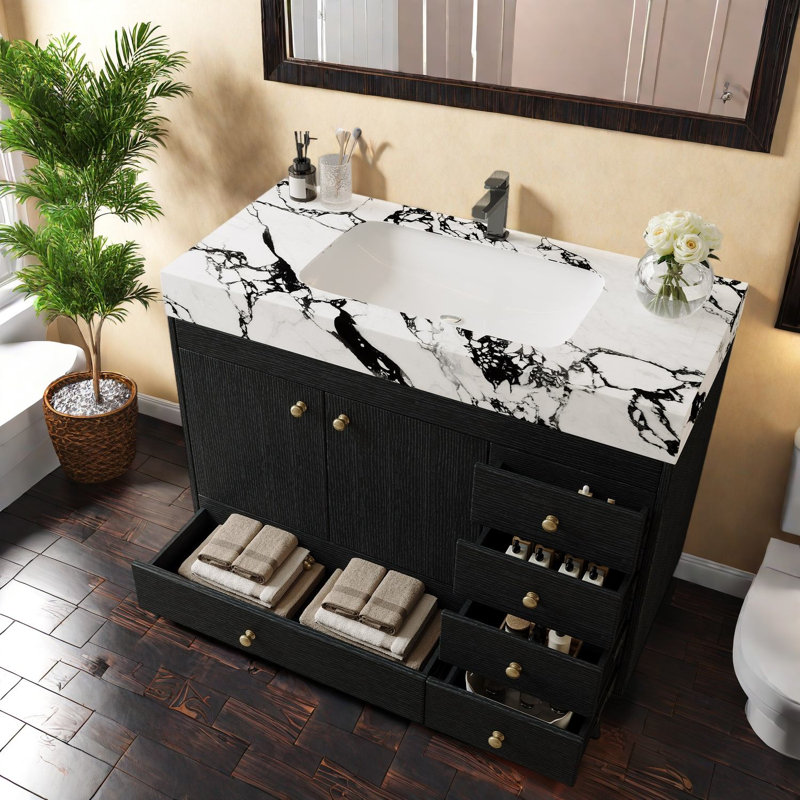 Meubles-lavabos en pouces (incluant le meuble et le lavabo) avec rangement, salle de bain moderne en marbre et bois, Noir