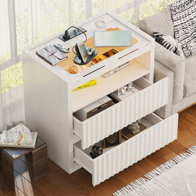 Modern Nightstand With Led Light, Glass Top, Usb Ports & Outlets, Fluted 2-Drawer Bedside Table,White