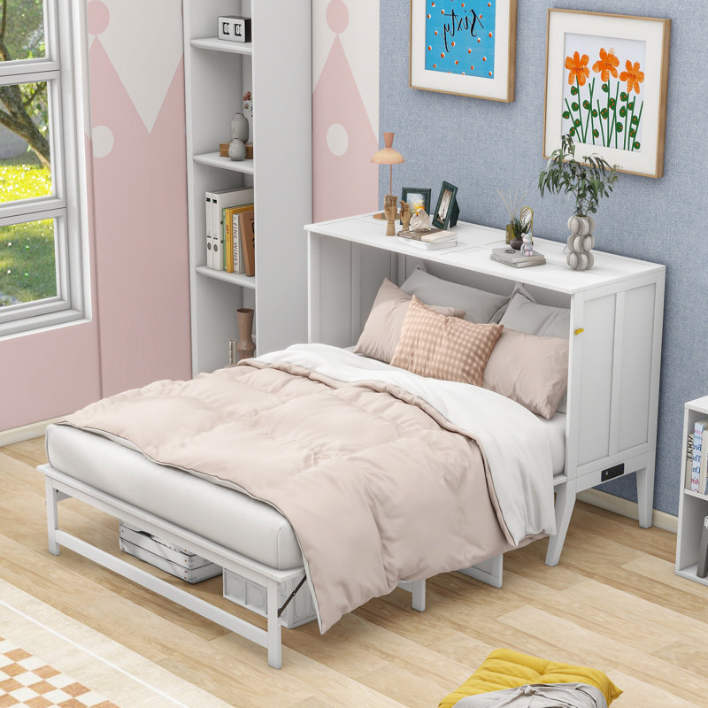 Grand lit escamotable Roomfitter avec station de charge intégrée et tablette de présentation, lit mural peu encombrant pour la chambre à coucher, blanc