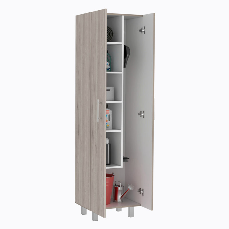 Nala Cleaning Cabinet, Double Door Cabinet, Four Legs, Five Shelves -Light Grey / White